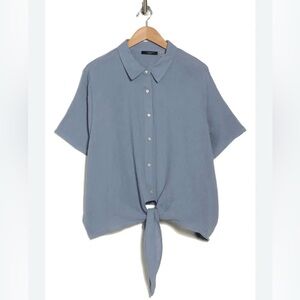 NWT | T Tahari | Gauze Tie-Front Button-Down Top | Steel Blue | S